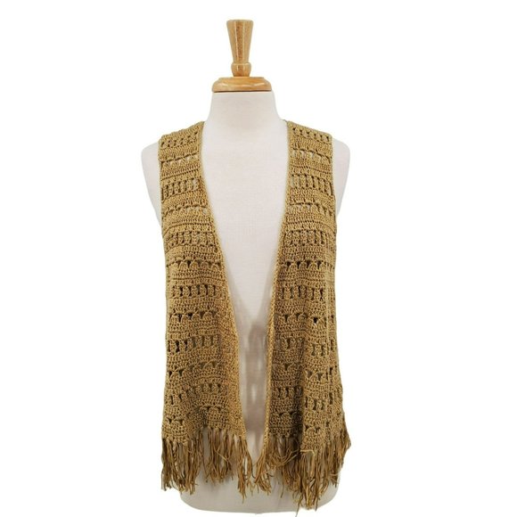 dressbarn Sweaters - Dressbarn Womens Beige Open Front Knit Cardigan Sz 14/16 Fringe Boho Hippie